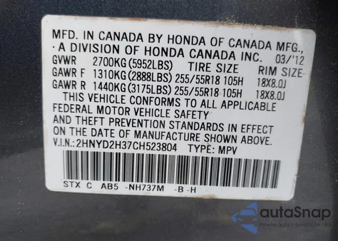 2012 Acura Mdx Technology z USA, uszkodzony, nr VIN 2HNYD2H37CH523804